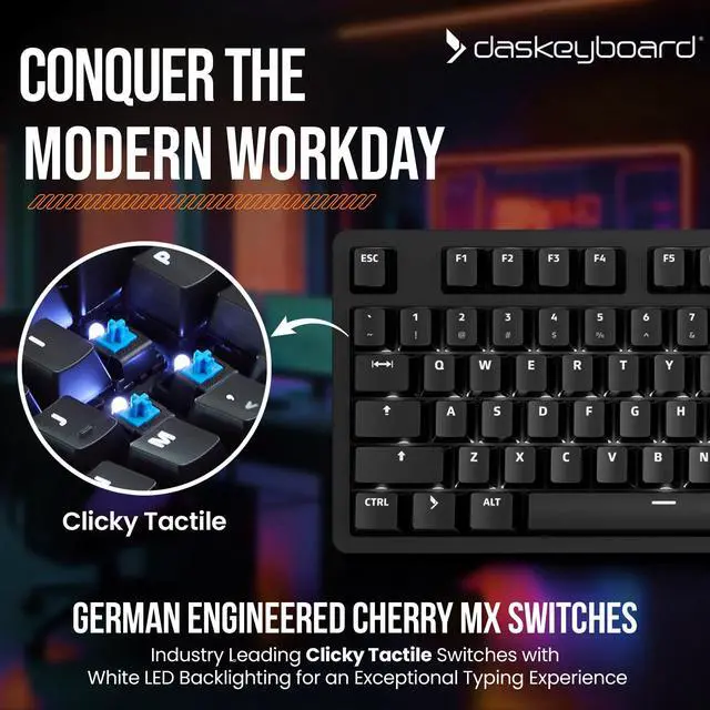 Alt view image 2 of 5 - Das Keyboard 6 Professional Backlit Wired Mechanical Keyboard  Clicky Cherry MX2A Blue Switches, Shine-Through Keycaps, 2-Port USB C Hub, Media Controls, Durable Aluminum Enclosure, Volume Knob, NKRO
