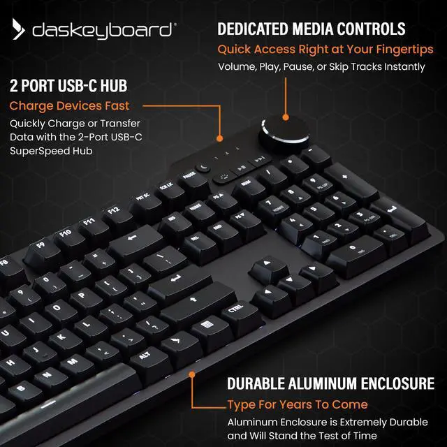Alt view image 4 of 5 - Das Keyboard 6 Professional Backlit Wired Mechanical Keyboard  Clicky Cherry MX2A Blue Switches, Shine-Through Keycaps, 2-Port USB C Hub, Media Controls, Durable Aluminum Enclosure, Volume Knob, NKRO