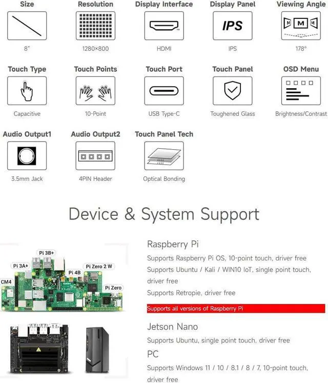 Alt view image 4 of 5 - waveshare 8inch Capacitive Touch LCD IPS Display, Without Back Case, 1280×800 Resolution, HDMI Interface, Compatible with Raspberry Pi 4B/3B+ etc. Support Jetson Nano/PC