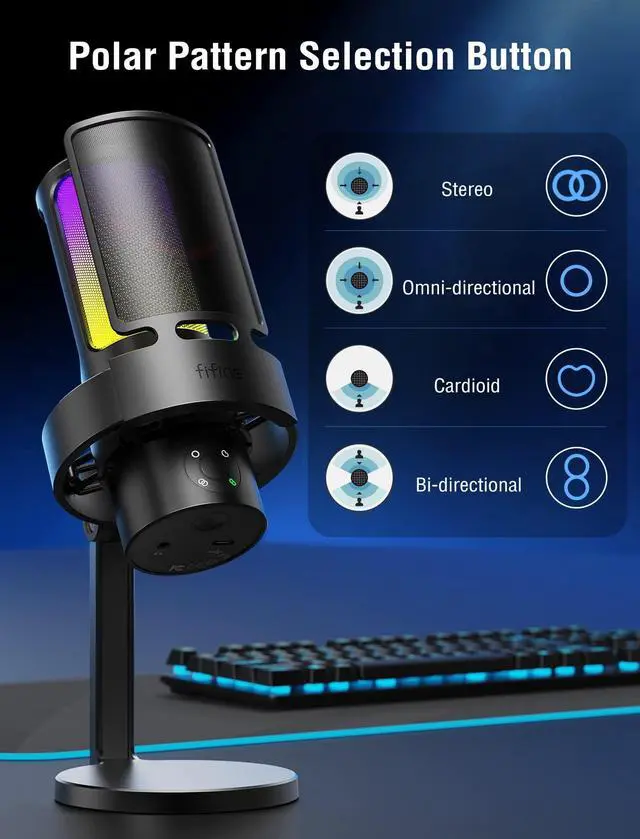 Alt view image 3 of 5 - FIFINE Gaming USB Microphone, PC Computer Mic with 4 Polar Patterns for Podcast Streaming Recording YouTube, RGB Condenser Desktop Mic for Windows, Mac, with Headphone Jack-AmpliGame A8 Plus