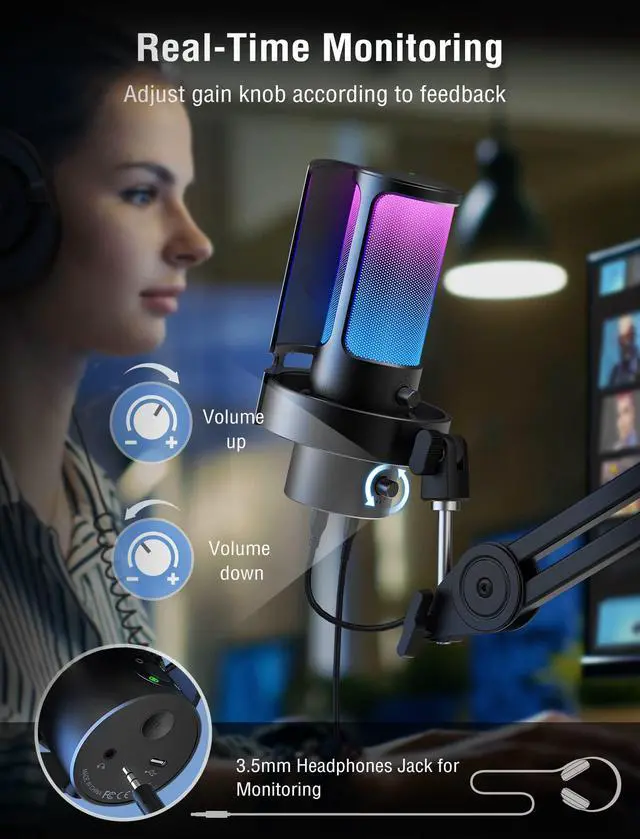 Alt view image 5 of 5 - FIFINE Gaming USB Microphone, PC Computer Mic with 4 Polar Patterns for Podcast Streaming Recording YouTube, RGB Condenser Desktop Mic for Windows, Mac, with Headphone Jack-AmpliGame A8 Plus