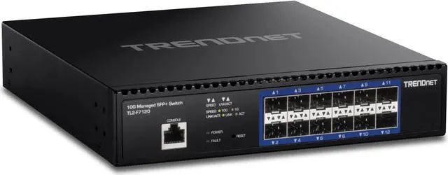 Main image of TRENDnet 12-Port 10G Layer 2 Managed SFP+ Switch, TL2-F7120, 12 x 10G SFP+ Ports, 240Gbps, Ethernet Splitter, NDAA & TAA Compliant, Lifetime Protection, Black