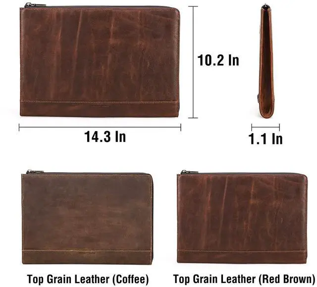 Alt view image 4 of 5 - CataPurus Top Grain Leather 14.2" Slim Laptop Handheld Zipper Bag, Vintage Design & 2 Pockets, Handmade, Compatible with MacBook Pro 14" 2021 2022 M1 Pro/M1 Max A2442 & Other PC, Red Brown 14.2 Inch