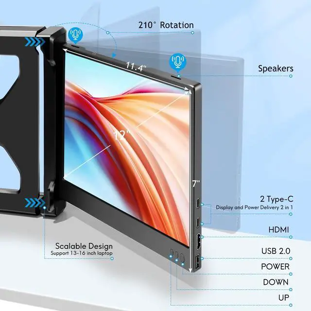 Alt view image 4 of 5 - P2 Triple Portable Monitor for Laptop Screen Extender 12 Inch Dual Monitors Extender FHD 1080P IPS Display Type-C/HDMI/USB-A/Speakers for 13-16 Inch Notebook Computer Windows Mac Phone