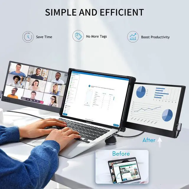 Alt view image 3 of 5 - P2 Triple Portable Monitor for Laptop Screen Extender 12 Inch Dual Monitors Extender FHD 1080P IPS Display Type-C/HDMI/USB-A/Speakers for 13-16 Inch Notebook Computer Windows Mac Phone