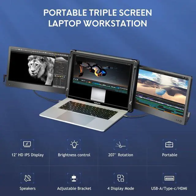 Alt view image 2 of 5 - P2 Triple Portable Monitor for Laptop Screen Extender 12 Inch Dual Monitors Extender FHD 1080P IPS Display Type-C/HDMI/USB-A/Speakers for 13-16 Inch Notebook Computer Windows Mac Phone