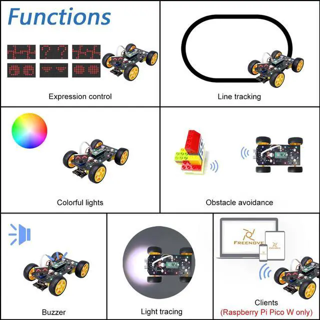 Alt view image 3 of 5 - Freenove 4WD Car Kit for Raspberry Pi Pico W (Included) (Compatible with Arduino IDE), Dot Matrix Expressions, Obstacle Avoidance, Line Tracking, Light Tracing, Colorful Light, App