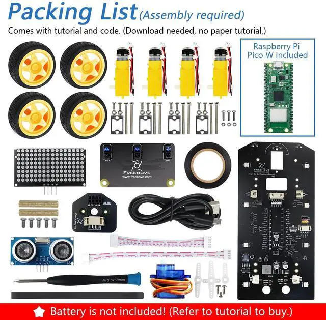 Alt view image 2 of 5 - Freenove 4WD Car Kit for Raspberry Pi Pico W (Included) (Compatible with Arduino IDE), Dot Matrix Expressions, Obstacle Avoidance, Line Tracking, Light Tracing, Colorful Light, App
