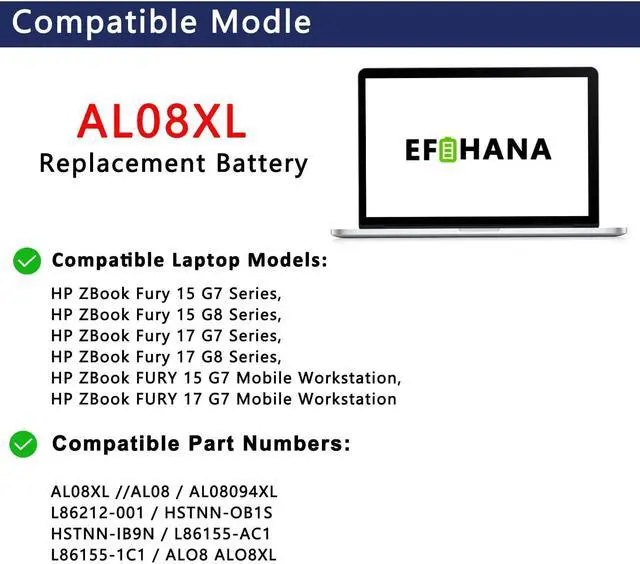 Alt view image 3 of 5 - EFOHANA AL08XL 94Wh Laptop Battery Compatible with HP ZBook Fury 15 G7 ZBook Fury 15 G8 ZBook Fury 17 G7 ZBook Fury 17 G8 Series AL08094XL L86212-001 HSTNN-OB1S L86155-AC1 L86155-1C1 5930mAh