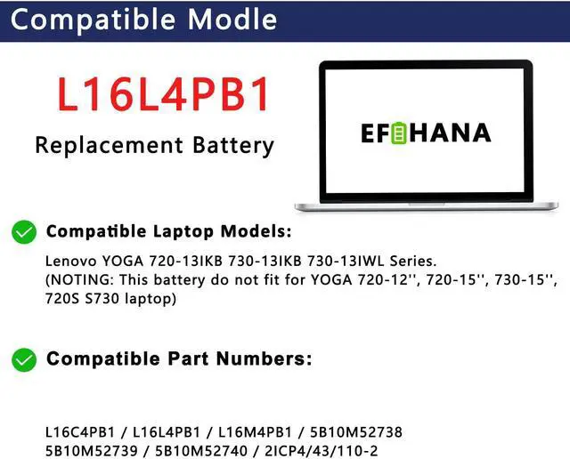 Alt view image 5 of 5 - EFOHANA L16L4PB1 L16M4PB1 L16C4PB1 Laptop Battery Replacement for Lenovo ideapad Yoga 720-13IKB 730-13IKB Yoga 730-13IWL Series Notebook 5B10M52738 5B10M52739 5B10M52740 7.72V 48Wh 6217mAh 4-Cells