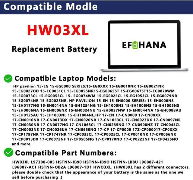 Alt view image 5 of 5 - HW03XL L97300-005 Laptop Battery Replacement for HP Pavilion 15-EG 15-EG00000 15-EH 15-EH0090WM DF15 15T-EG 15Z-EH 17-CN 17-CP 17S-CU 17T-CN 17Z-CP Series L96887-421 TPN-C131 HSTNN-IB90 HWO3XL