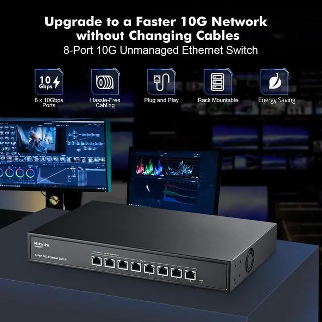 Alt view image 2 of 5 - MokerLink 8 Port 10Gbps Etheret Switch, Support 10G/5G/2.5G/1000M/100M Auto-Negotiation, 160Gbps Bandwidth Unmanaged Plug and Play Switch