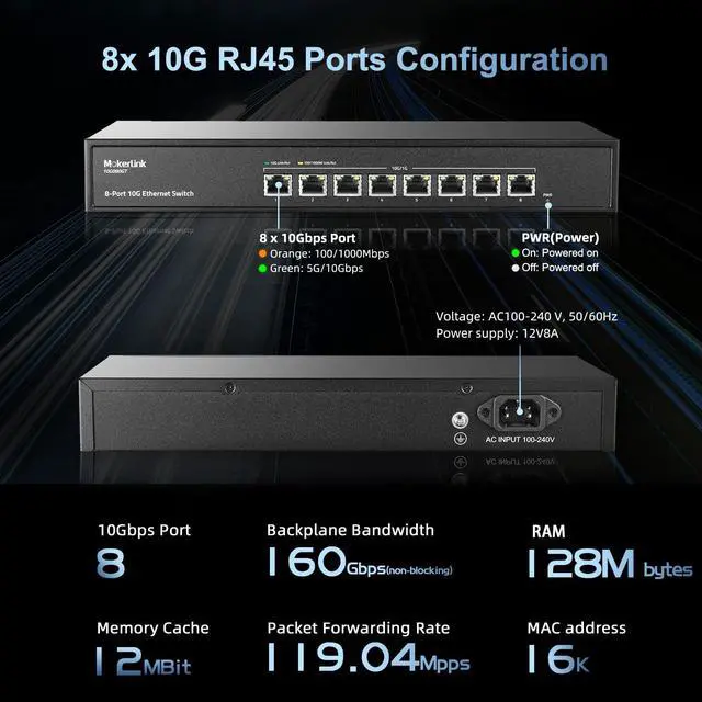 Alt view image 4 of 5 - MokerLink 8 Port 10Gbps Etheret Switch, Support 10G/5G/2.5G/1000M/100M Auto-Negotiation, 160Gbps Bandwidth Unmanaged Plug and Play Switch