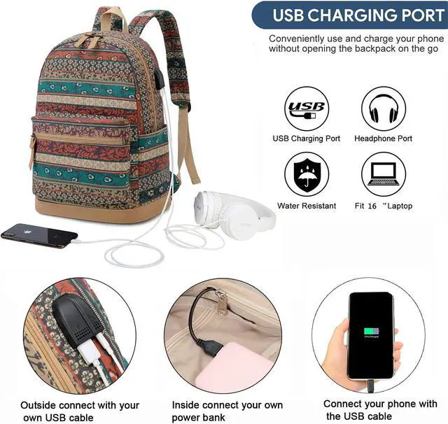 Alt view image 2 of 5 - Bohemian Waterproof Laptop Backpack with USB Charging Port and and Headphone Interface, Water Resistant 15.6 Inch College School Backpack with Lunch Bag and Pencil Bag for Women/Girls/Business/Travel