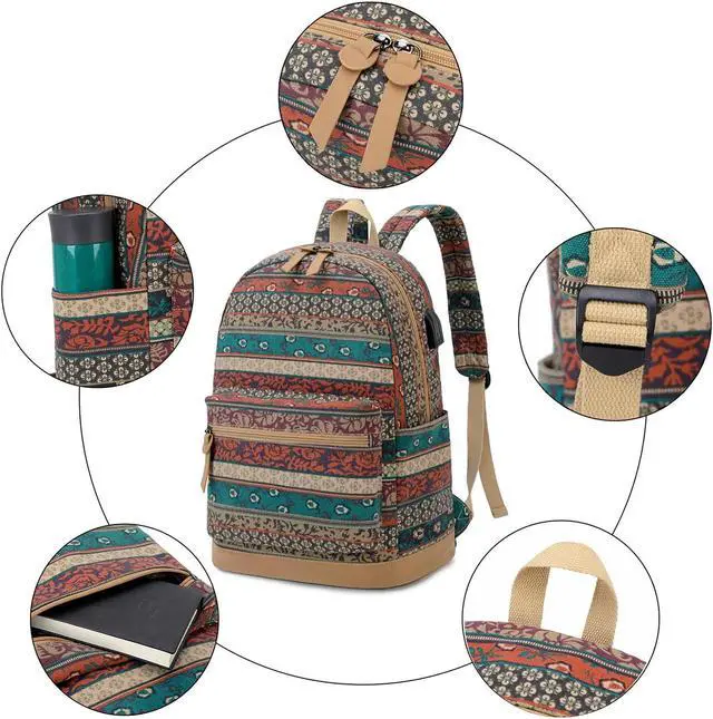 Alt view image 3 of 5 - Bohemian Waterproof Laptop Backpack with USB Charging Port and and Headphone Interface, Water Resistant 15.6 Inch College School Backpack with Lunch Bag and Pencil Bag for Women/Girls/Business/Travel