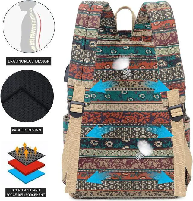 Alt view image 4 of 5 - Bohemian Waterproof Laptop Backpack with USB Charging Port and and Headphone Interface, Water Resistant 15.6 Inch College School Backpack with Lunch Bag and Pencil Bag for Women/Girls/Business/Travel