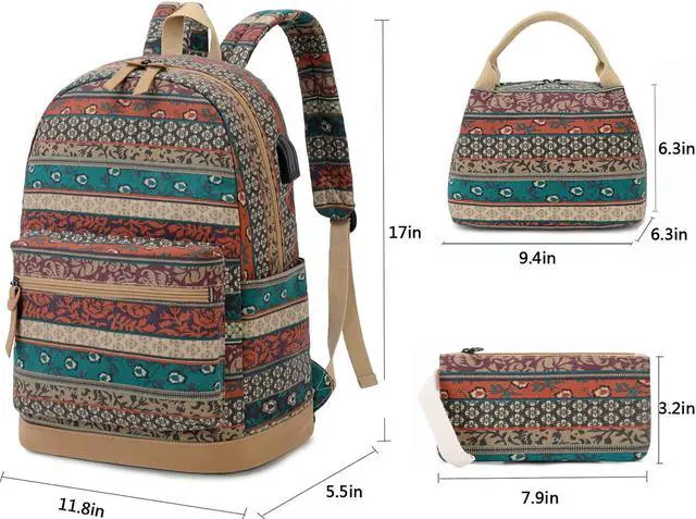 Alt view image 5 of 5 - Bohemian Waterproof Laptop Backpack with USB Charging Port and and Headphone Interface, Water Resistant 15.6 Inch College School Backpack with Lunch Bag and Pencil Bag for Women/Girls/Business/Travel