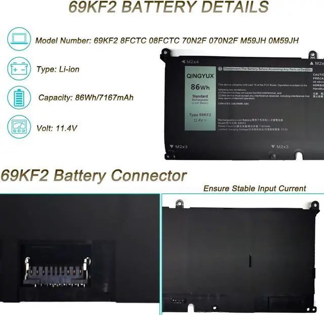 Alt view image 2 of 5 - QINGYUX 69KF2 8FCTC 08FCTC 70N2F 070N2F M59JH 0M59JH 0P8P1P 0DVG8M Laptop Battery Compatible with Dell Alienware M15 R3 M15 R4 M15 R5 M15 R6 M15 R7 XPS 15 9500 Series Notebook