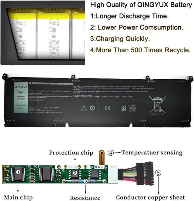 Alt view image 4 of 5 - QINGYUX 69KF2 8FCTC 08FCTC 70N2F 070N2F M59JH 0M59JH 0P8P1P 0DVG8M Laptop Battery Compatible with Dell Alienware M15 R3 M15 R4 M15 R5 M15 R6 M15 R7 XPS 15 9500 Series Notebook