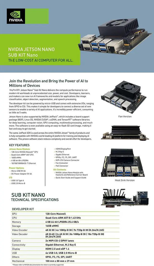 Alt view image 4 of 5 - WayPonDEV Jetson Nano Developer Kit - 4GB LDPPR4 RAM 16G eMMC, Sub Kit Nano Mini PC for AI Robotics Machine Learning (Heat Sink Version)