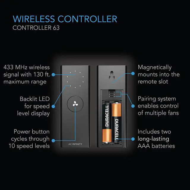 Alt view image 3 of 5 - AC Infinity Controller 63, Wireless Remote Controller with 10 Fan Speed Programming, Cooling and Ventilation for CLOUDLINE Airlift CLOUDWAY Fans