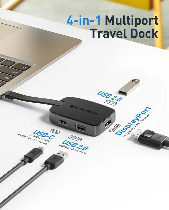 Alt view image 4 of 5 - Cable Matters 4K@240Hz USB C Hub DisplayPort 1.4 with 100W Charging, Support 8K@60Hz, HDR(Foldable USB C to DisplayPort Hub) Compatible with Thunderbolt 4, MacBook Pro, XPS, iPad Pro, iPhone 16/15 Pro