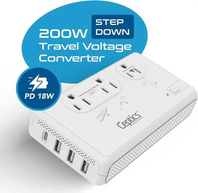 Alt view image 2 of 5 - Ceptics 2000W Travel Voltage Converter for Hair Dryer & 200W Convert 220V to 110V for Curling Iron, Straightener, Chargers, Step Down World Power 4 USB Charging QC 3.0 SWadApt Type A, B, C, E/F, G, I