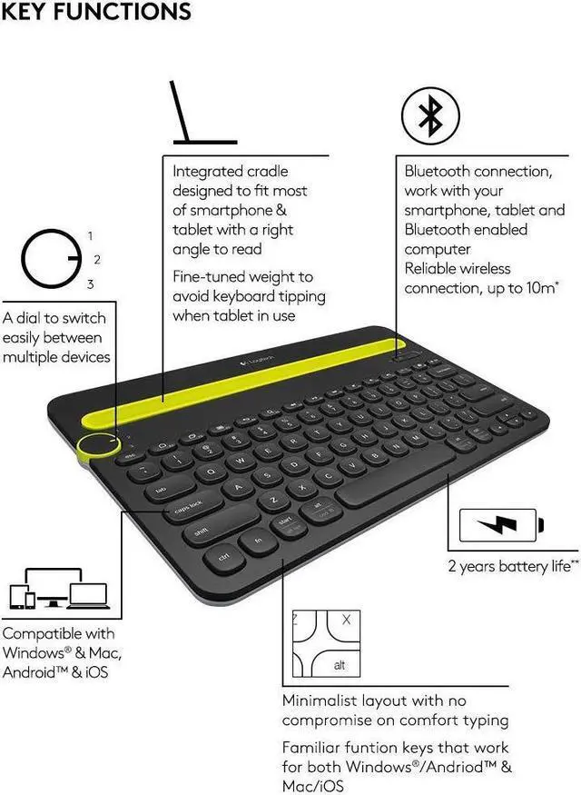 Alt view image 3 of 5 - Logitech Wireless Bluetooth Keyboard for Multi-Devices K480 - Works with Windows, Mac, iPad Tablet, Android and Smartphones - Bulk Packaging - Black