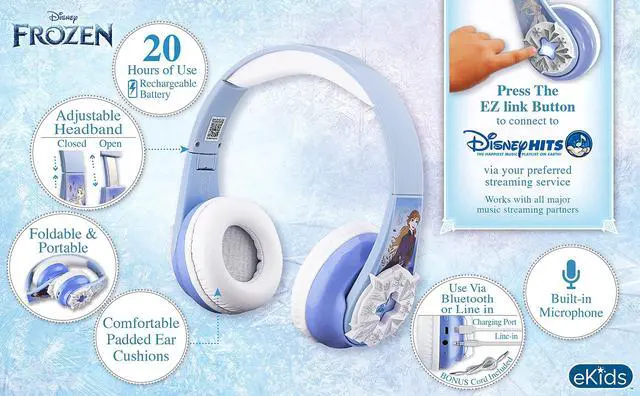 Alt view image 3 of 5 - eKids Disney Frozen Wireless Headphones with Microphone and Aux Cord, Kids Headphones for School, Home, or Travel