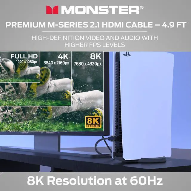 Alt view image 2 of 5 - Monster M-Series 3000 Certified Premium 8K High Speed - 2.1, 4K 120Hz , 48 Gbps- HDMI Cables for Apple TV, Roku, Smart TV, Laptop, Montior - 4.9 ft