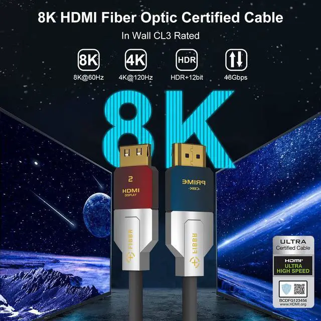 Alt view image 2 of 5 - FIBBR 8K HDMI Fiber Optic Cable 33FT/10M, 48Gbps High Speed in Wall CL3 Rated HDMI 2.1 Cable, Support 8K@60Hz 4K@120Hz/144Hz HDR10 eARC Dolby HDCP 2.2&2.3 RTX 3080 Compatible with PS5/TV/Xbox Series