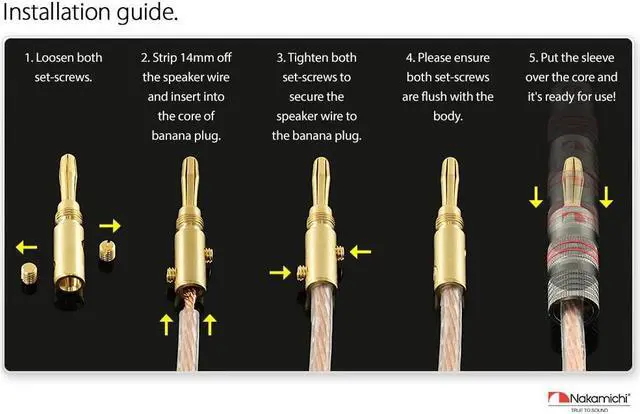 Alt view image 5 of 5 - Nakamichi Ultimate Series 24K Gold Plated Beryllium Red Copper Banana Plug 12-18 AWG Gauge Size 4mm Connector for Speakers Wire Amplifiers Hi-Fi Sound Systems (10 Pcs (5-Pairs), Banana Plugs)