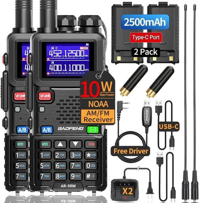 Main image of BaoFeng Radio 10W Ham Radio Long Range AR-5RM Handheld Two Way Radio NOAA Weather Receiver Rechargeable UV-5R Walkie Talkies, Copy Frequency 999CH with Type C Charging 2500mAh Battery (2 Pack)