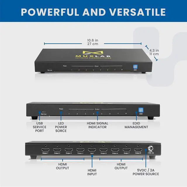 Alt view image 2 of 5 - MuxLab 1x8 HDMI Splitter | 1 in 8 Out| 4K@60HZ | 4:4:4 | HDR | HDMI 2.0 | HDCP 2.2 | TrueHD | Dolby Atmos | DTS:X | Use with 4K HDR Monitor for boardroom, Auditorium, Gaming, Digital Signage