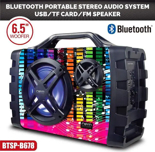 Alt view image 2 of 5 - NEM Mobi7e Wireless Portable Boom Box Stereo High Performance Bluetooth Speaker, NFC, USB Recording, Rechargeable Battery, LED Lights, AUX Input, FM Radio, MP3 System, Mic/Guitar Input w. Strap