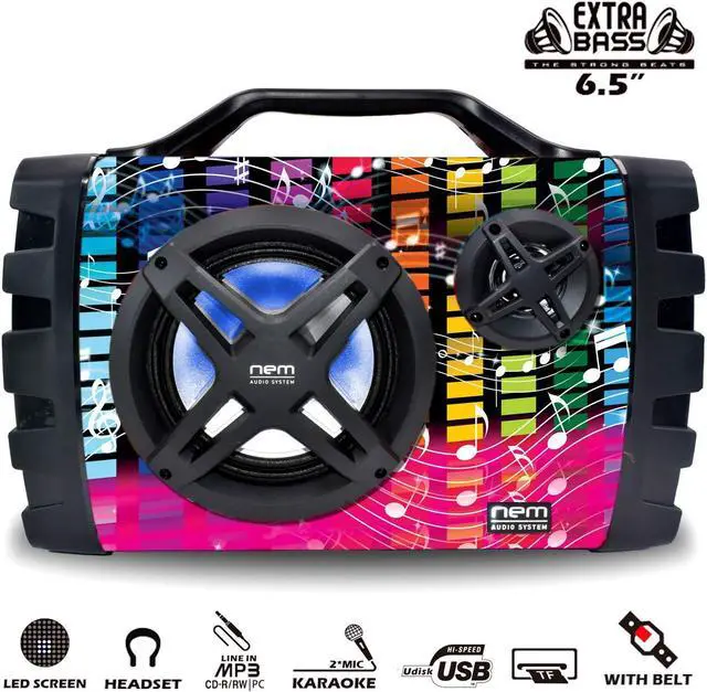 Alt view image 4 of 5 - NEM Mobi7e Wireless Portable Boom Box Stereo High Performance Bluetooth Speaker, NFC, USB Recording, Rechargeable Battery, LED Lights, AUX Input, FM Radio, MP3 System, Mic/Guitar Input w. Strap