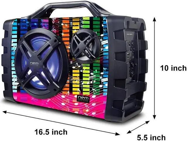 Alt view image 5 of 5 - NEM Mobi7e Wireless Portable Boom Box Stereo High Performance Bluetooth Speaker, NFC, USB Recording, Rechargeable Battery, LED Lights, AUX Input, FM Radio, MP3 System, Mic/Guitar Input w. Strap