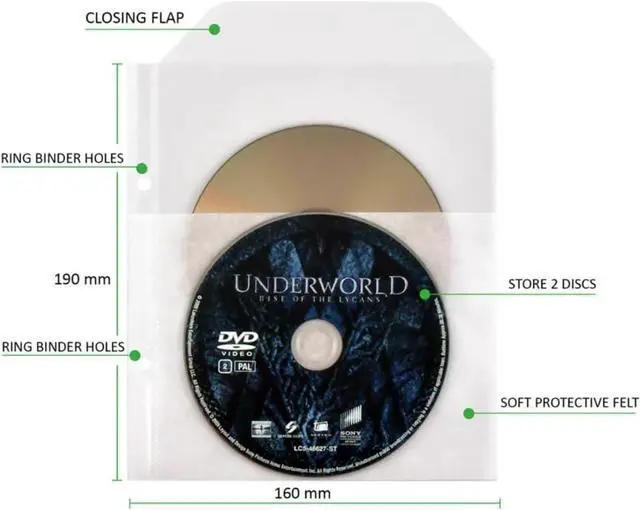 Alt view image 2 of 5 - Tarifold DVD Protective Sleeve with Felt Insert, Holds 2 DVD Discs, Binder Holes, Space for Cover, Closing Flap, 50/Pack (10269)