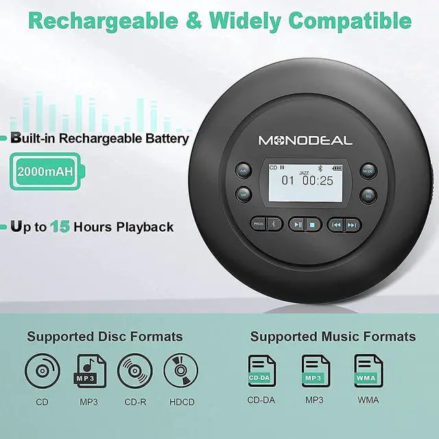 Alt view image 5 of 5 - CD Player Portable, MONODEAL Bluetooth CD Player, Rechargeable Compact Small Player with Headphones for Car and Personal Use