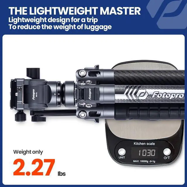 Alt view image 2 of 5 - Fotopro Carbon Fiber Travel Tripod 2.2lbs Ultralight 64 Inch Portable Compact Travel Video Tripod for Camera DSLR Load up to 22lb X-Aircross 3 Lite Video Grey