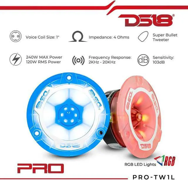 Alt view image 4 of 5 - DS18 Premium Car Audio Bundle 2X PRO-X6.4BM 6.5" Midrange Loudspeaker and 2X PRO-TW1L 3.8" Super Bullet Tweeters RGB LED Lights - Upgrade Your Car Stereo System Superior Sound Quality and Performance