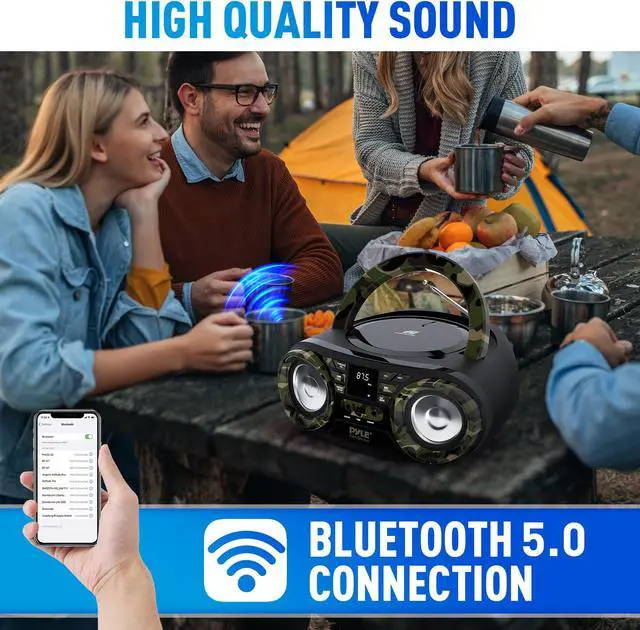 Alt view image 5 of 5 - Pyle Portable CD Player Bluetooth Boombox Speaker - AM/FM Stereo Radio & Audio Sound, Supports CD-R-RW/MP3/WMA, USB, AUX, Headphone, LED Display, AC/Battery Powered, Camouflage - Pyle PHCD55.5