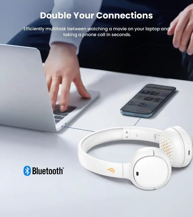 Alt view image 3 of 5 - Edifier WH500 Wireless On-Ear Headphones with Foldable Lightweight Design and Solid Bass, Bluetooth Headset with Microphone, 40H Music Playtime and Custom EQ via App for Home Office Travel (White)