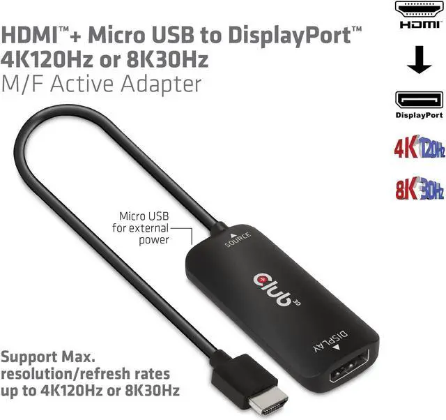 Alt view image 4 of 5 - Club 3D CAC-1335 HDMI 2.1 to DisplayPort 1.4 4K120Hz or 8K30Hz M/F Active Adapter