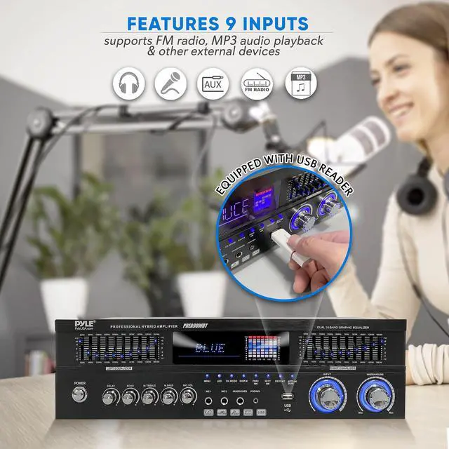 Alt view image 5 of 5 - Pyle 6-Channel Bluetooth Hybrid Home Amplifier - 1600W Home Audio Rack Mount Stereo Power Amplifier Receiver w/ Radio, USB/AUX/RCA/MIC, HD/OPT/COAX, AC-3, DVD Inputs, Dual 10 Band EQ - PREA90WBT
