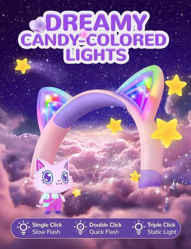 Alt view image 2 of 5 - iClever Kids Bluetooth Headphones, Light Up Cat Ear,60H Playtime, USB C Fast Charging, Safe Volume 74/85dBA, Bluetooth 5.3,Toddler Headphones Wireless for iPad Tablets Travel,Meow Cookies-Purple
