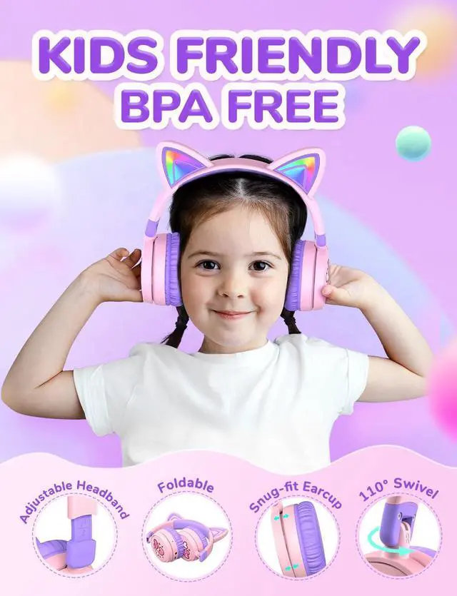 Alt view image 5 of 5 - iClever Kids Bluetooth Headphones, Light Up Cat Ear,60H Playtime, USB C Fast Charging, Safe Volume 74/85dBA, Bluetooth 5.3,Toddler Headphones Wireless for iPad Tablets Travel,Meow Cookies-Purple