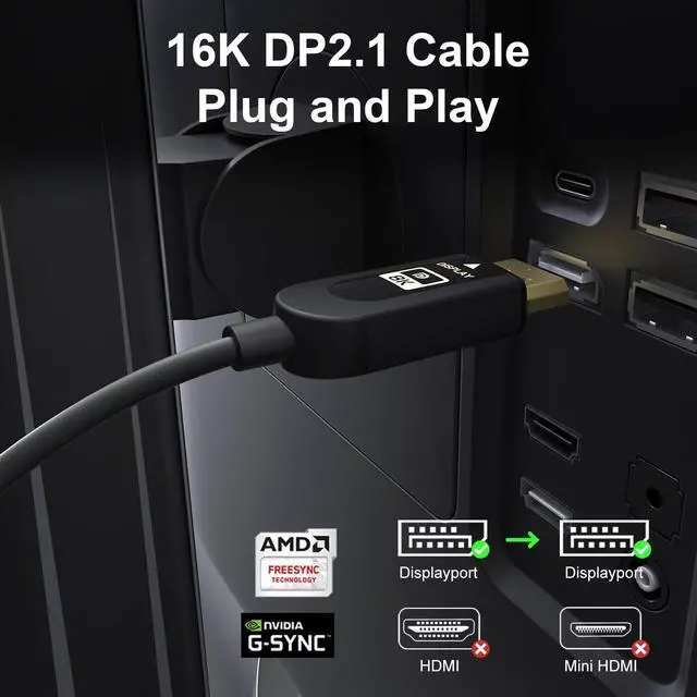 Alt view image 3 of 5 - FIBBR 16K Fiber Optic DisplayPort Cable 2.1, VESA Certified Active DP Cable 10ft, 40Gbps Display Port Cord Support 16K@30Hz, 10K@30Hz, 8K@60Hz, 4K@165Hz, HDR, HDCP2.2, DSC 1.2a for Gaming Monitor PC