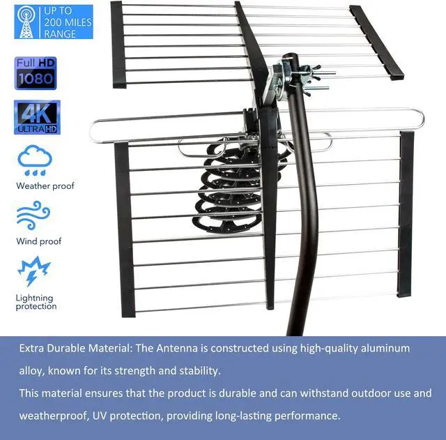 Alt view image 3 of 5 - Five Star Upgraded 200 Miles Long Range High-Performance HDTV VHF UHF Outdoor Antenna with 27 mounting Pole Support ATSC 3.0 and 4K