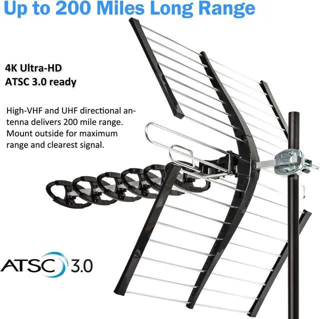 Alt view image 4 of 5 - Five Star Upgraded 200 Miles Long Range High-Performance HDTV VHF UHF Outdoor Antenna with 27 mounting Pole Support ATSC 3.0 and 4K